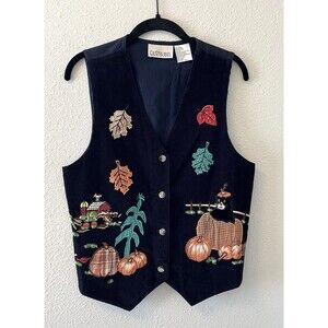 Vintage 90's Vest Size Sm Navy Blue Corduroy Halloween Fall Festival Cat Themed